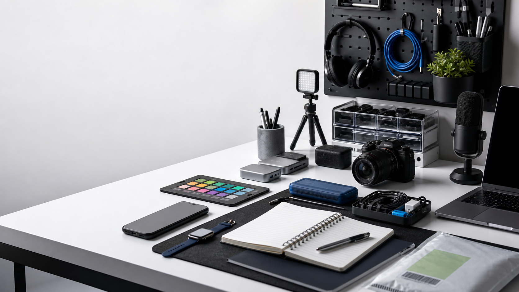 A clean product testing bench with creator gear, gadgets, notes, and camera equipment